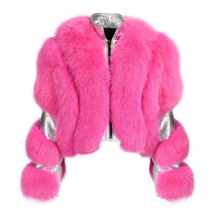 Silver Genuine Leather Crop Jacket with Pink Fox Fur. Such a dope Jacket.